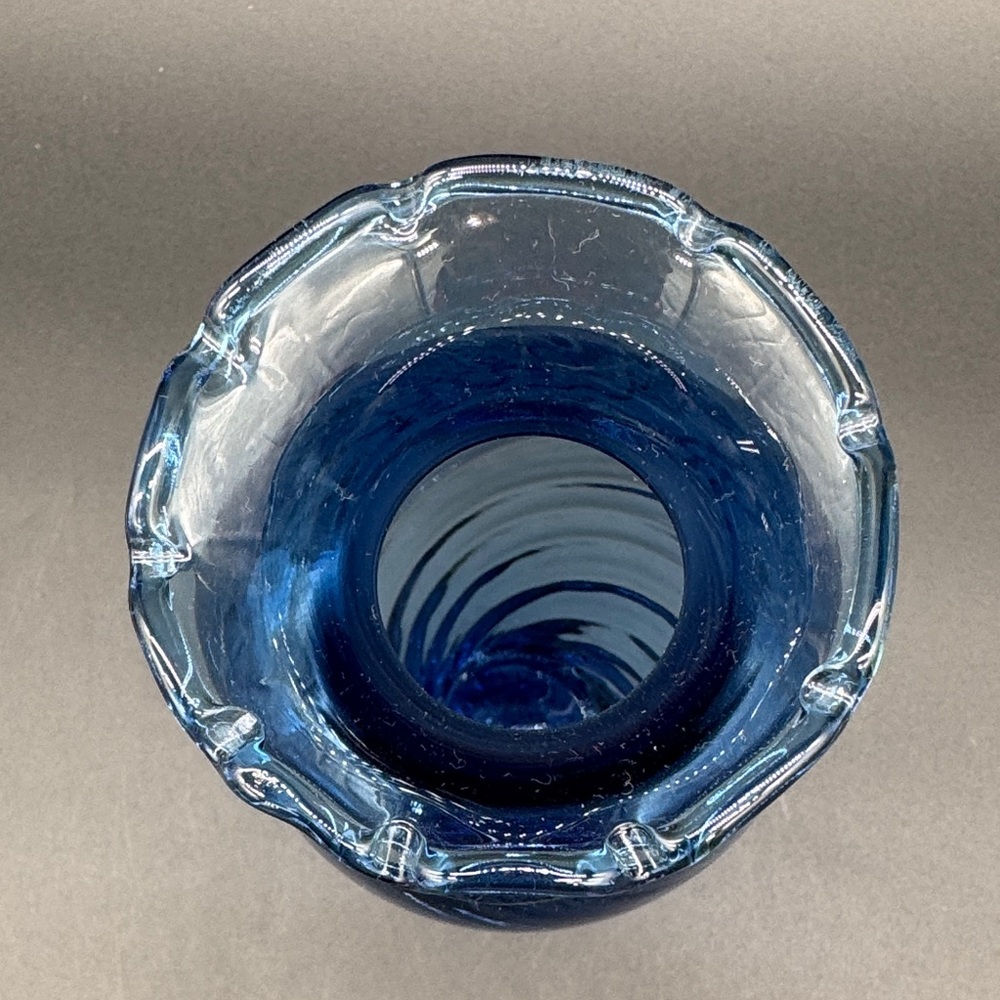 Scalloped Blue Swirl Twisted Art Glass Bud Vase - Picture 3 of 5